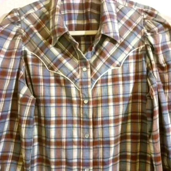 Western flannel button down blue brown vintage appeal. Pearl look buttons. Sz Lg - Picture 2 of 11